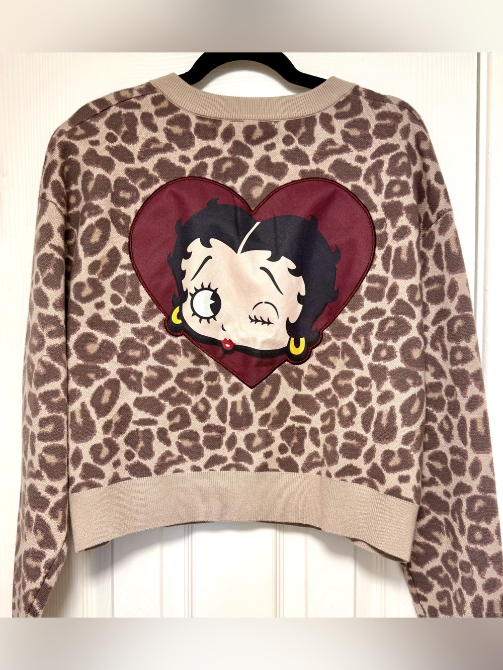Betty Boop Leopard-Print Crewneck Sweater in Beige